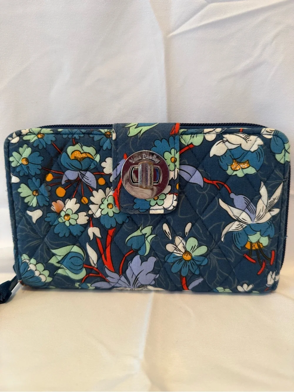 Vera Bradley Navy Floral Quilted Zip-Around Wallet with Turn-Lock-Floral Bursts - Picture 2 of 9